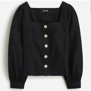 J. Crew Black Linen Square Neck Blouse with Button Front Detail Size Medium